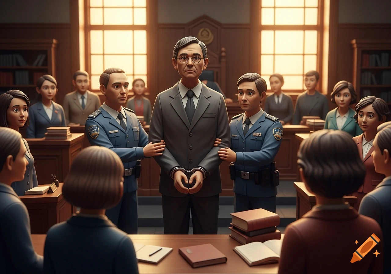 A stylized 3D image of a man in a suit being escorted by two police officers in a courtroom, with onlookers and legal books on tables.