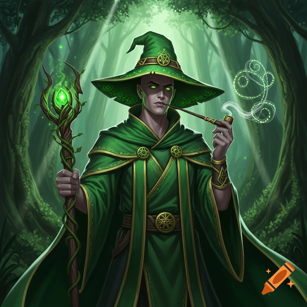 A bald green wizard in a wide-brimmed hat, holding a glowing staff and smoking a pipe in an enchanted forest.