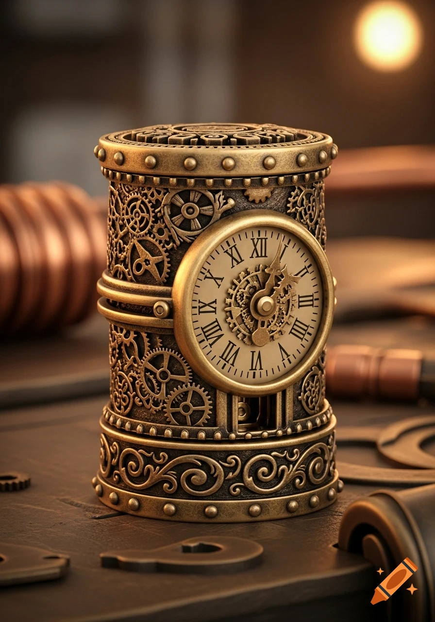 Detailed steampunk-style clock object with gears and Roman numerals, in a warm, low-light setting.