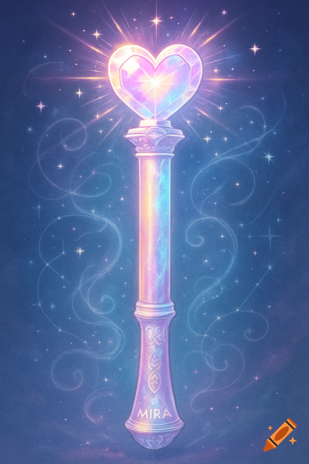 A magical fantasy lighstick with a shimmering, glowing heart on top and the name MIRA on its base, surrounded by stars and swirls.