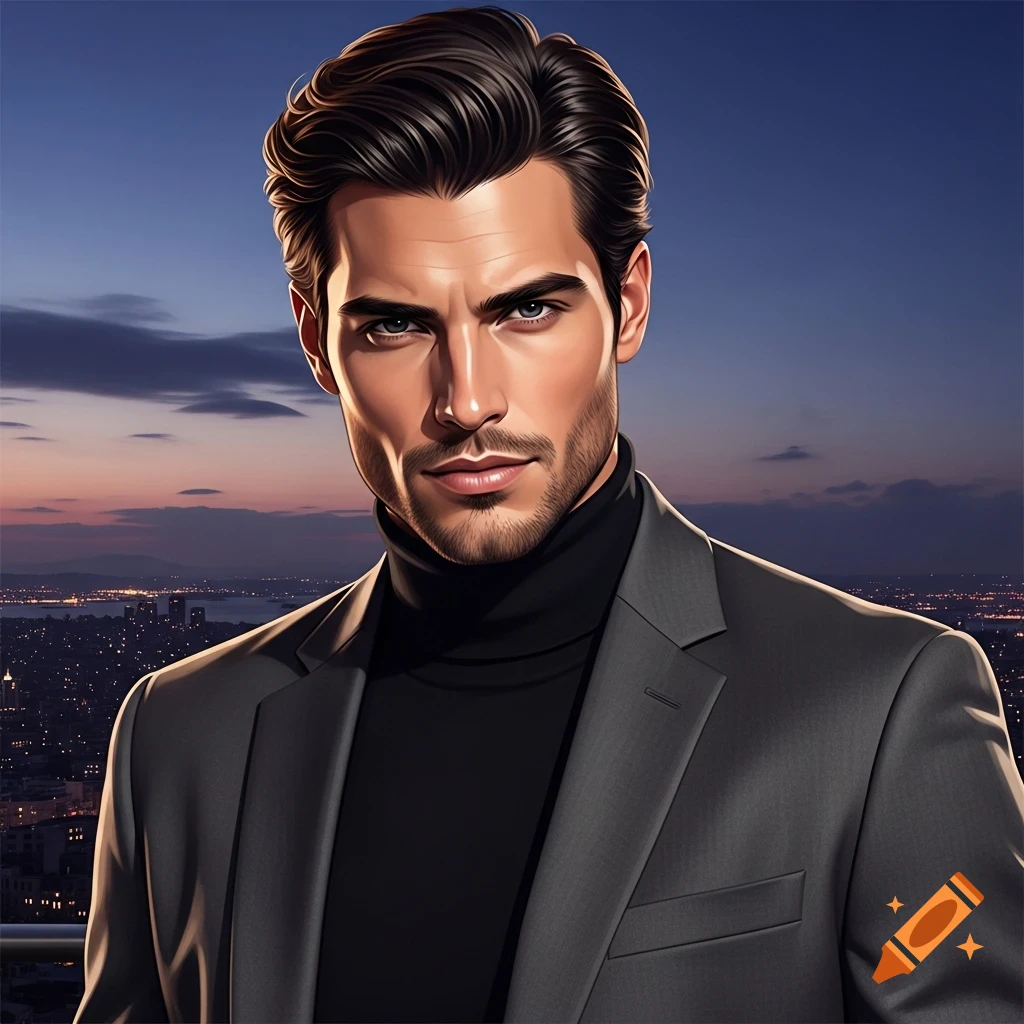 A handsome man with dark hair and a beard, wearing a black turtleneck and grey suit jacket, against a city skyline at sunset.