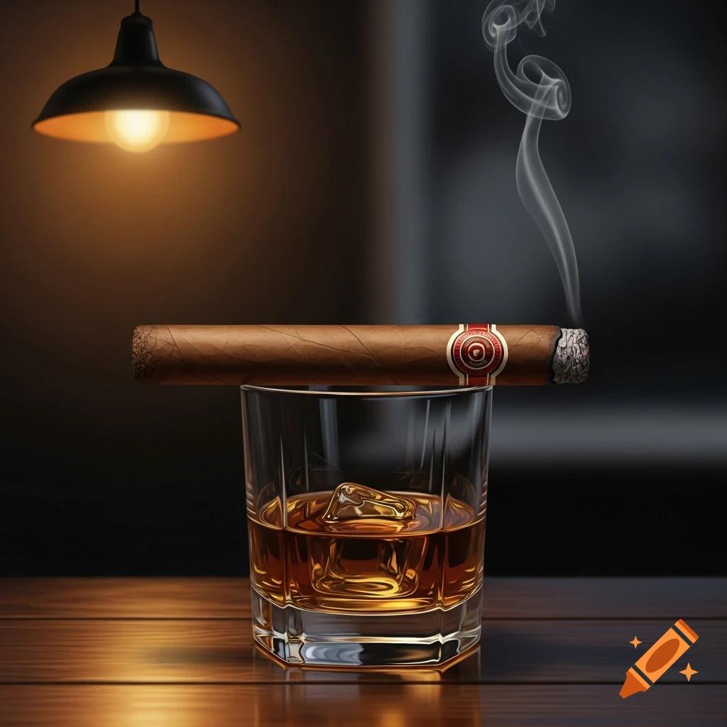 A lit cigar rests on a whiskey glass filled with amber liquid and ice, emitting smoke under a warm lamp light.