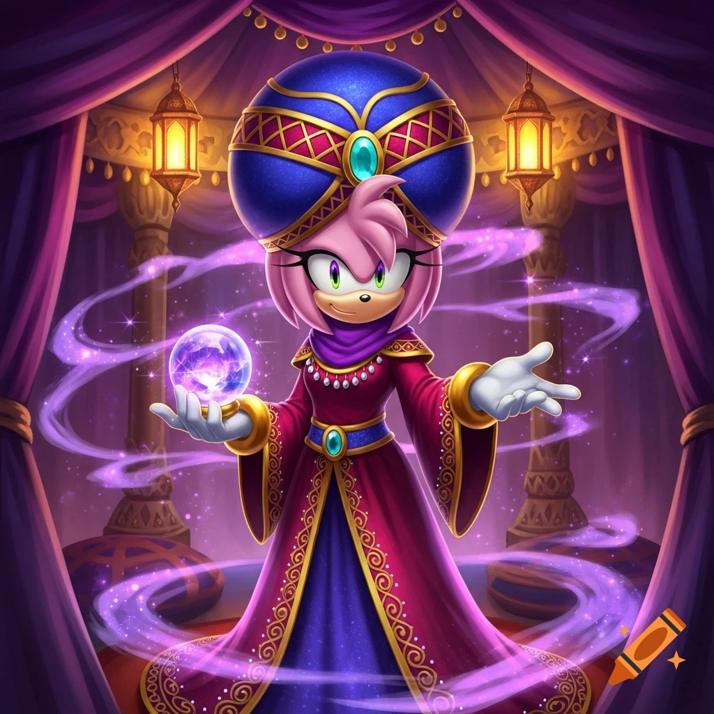 Amy Rose as a fortune teller in a purple and gold robe and turban, holding a glowing crystal ball with purple magic swirling around her in a mystical tent.