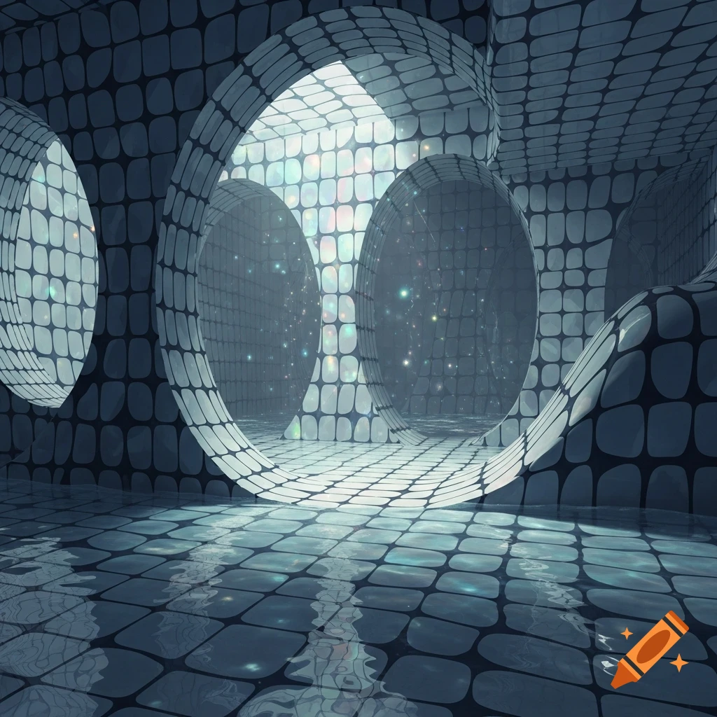 A futuristic tiled room with large circular arches and a shallow pool reflecting a shimmering, starry-like light.