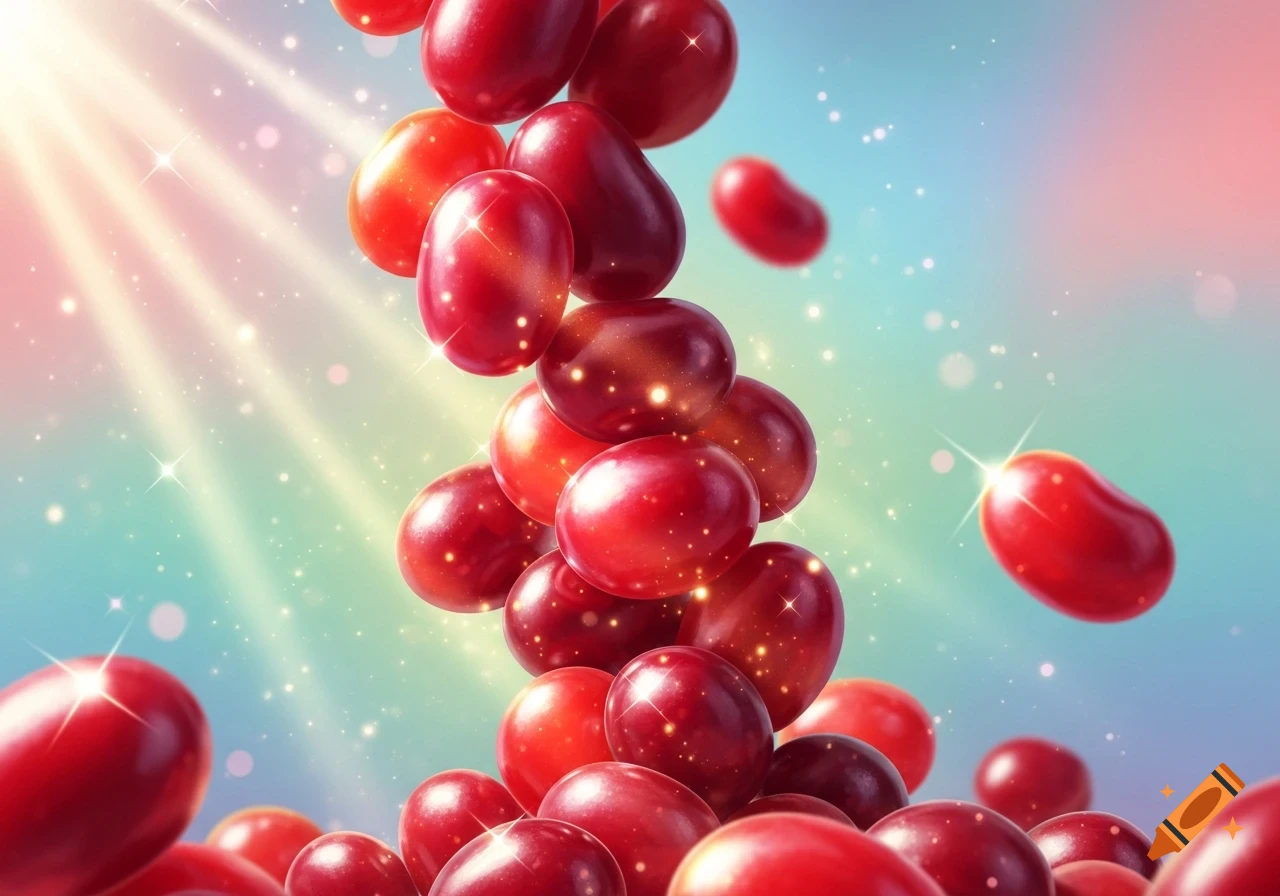 Shiny red cherry jelly beans falling against a vibrant, sparkling light-filled background.