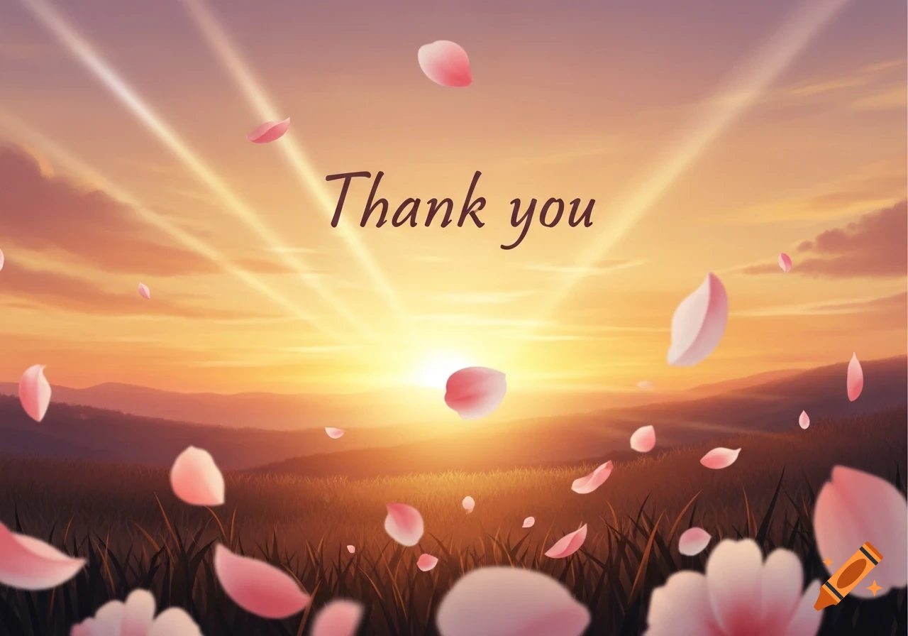 Warm sunset over a hilly landscape with glowing light rays and falling pink flower petals. The text 'Thank you' is in the center.