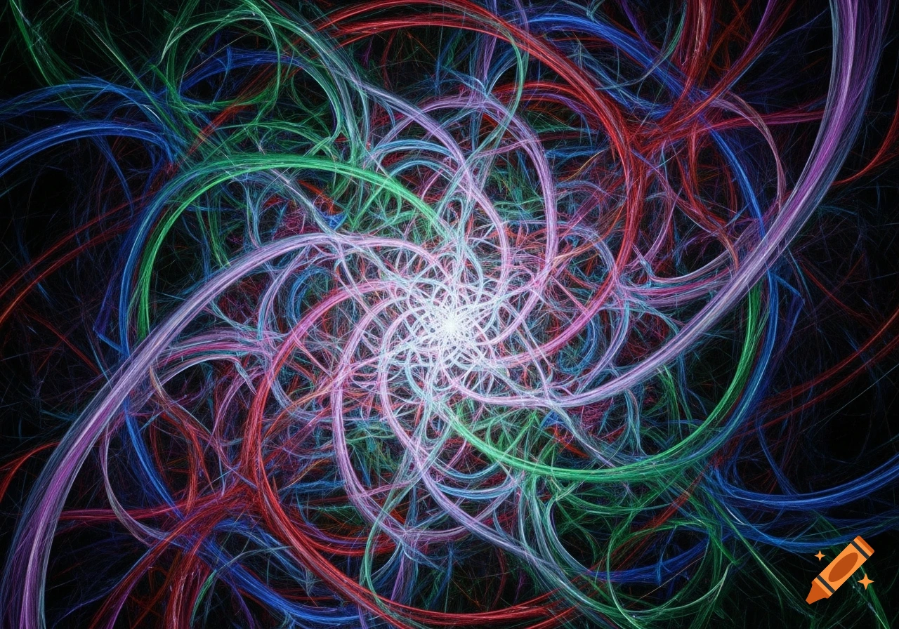 A vibrant, intricate abstract spiral of glowing red, green, blue, and purple lines against a dark background.
