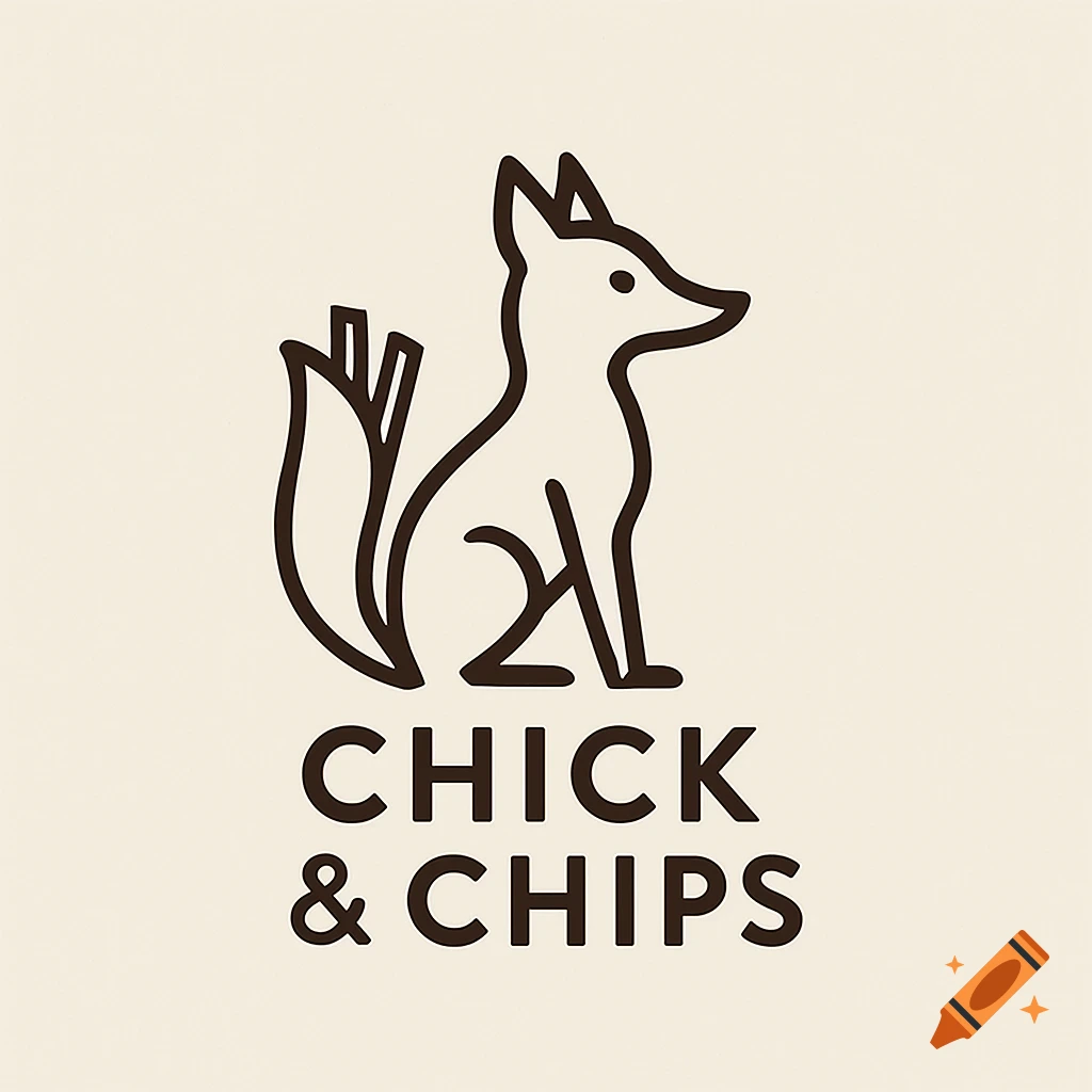 Minimalist logo of a stylized fox with simple lines, sitting above the text "CHICK & CHIPS" on a light background.