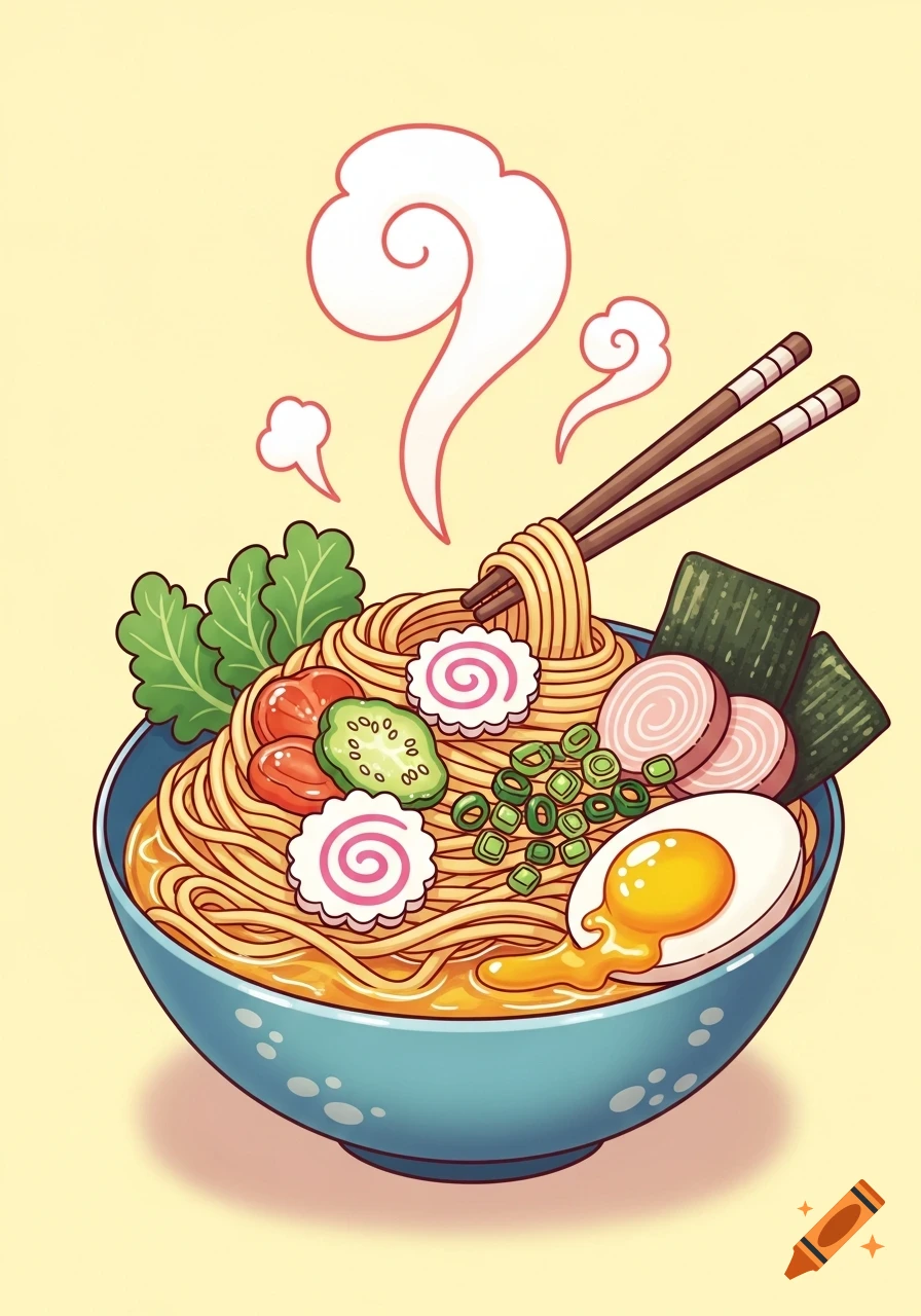 Cartoon illustration of a steaming bowl of ramen with noodles, egg, pork, seaweed, and vegetables.