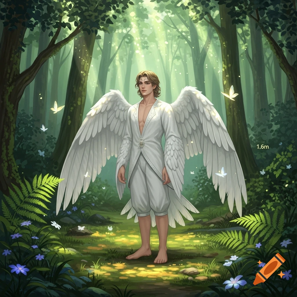 A male angel with large white wings and light brown hair stands ...