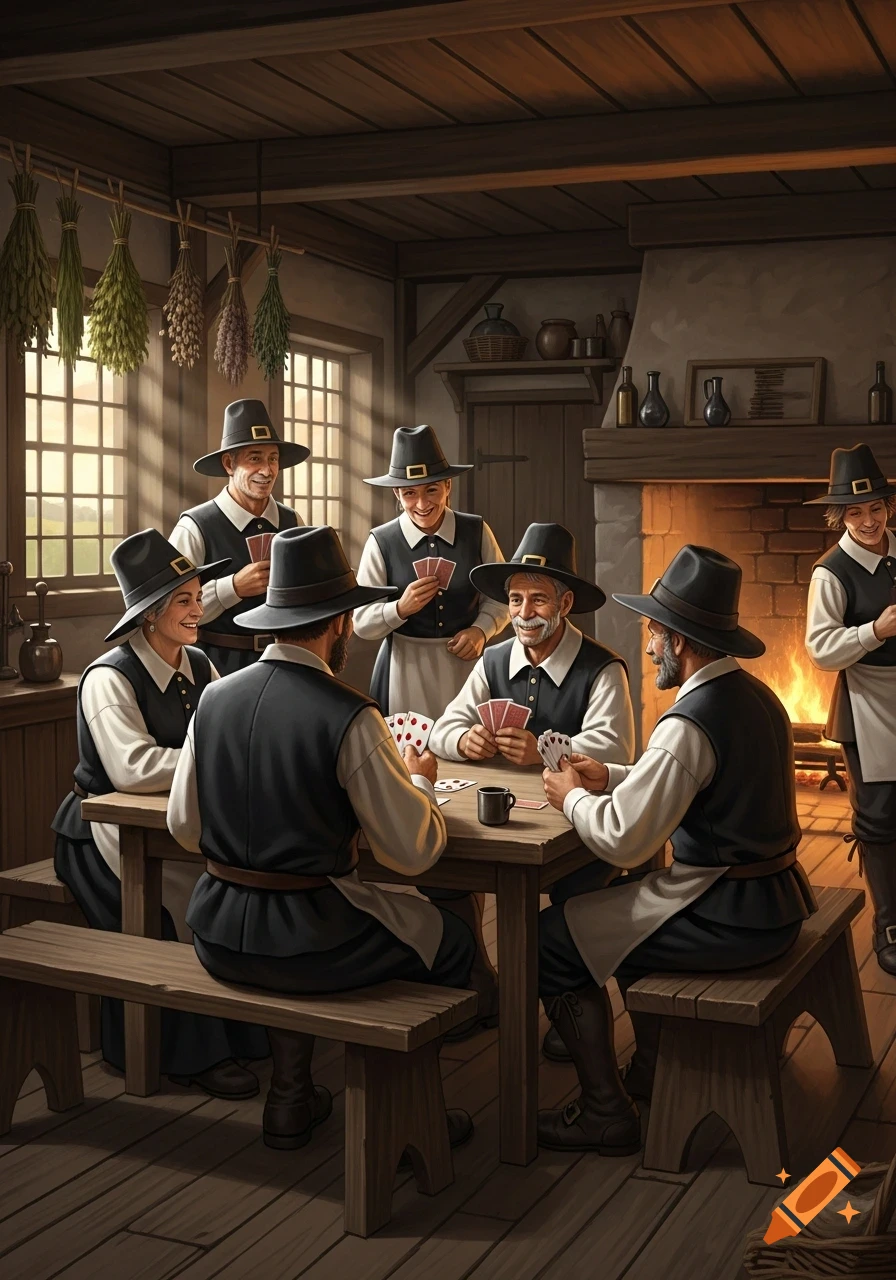 Pilgrims in a rustic wooden room playing cards around a table, with a fireplace and windows.