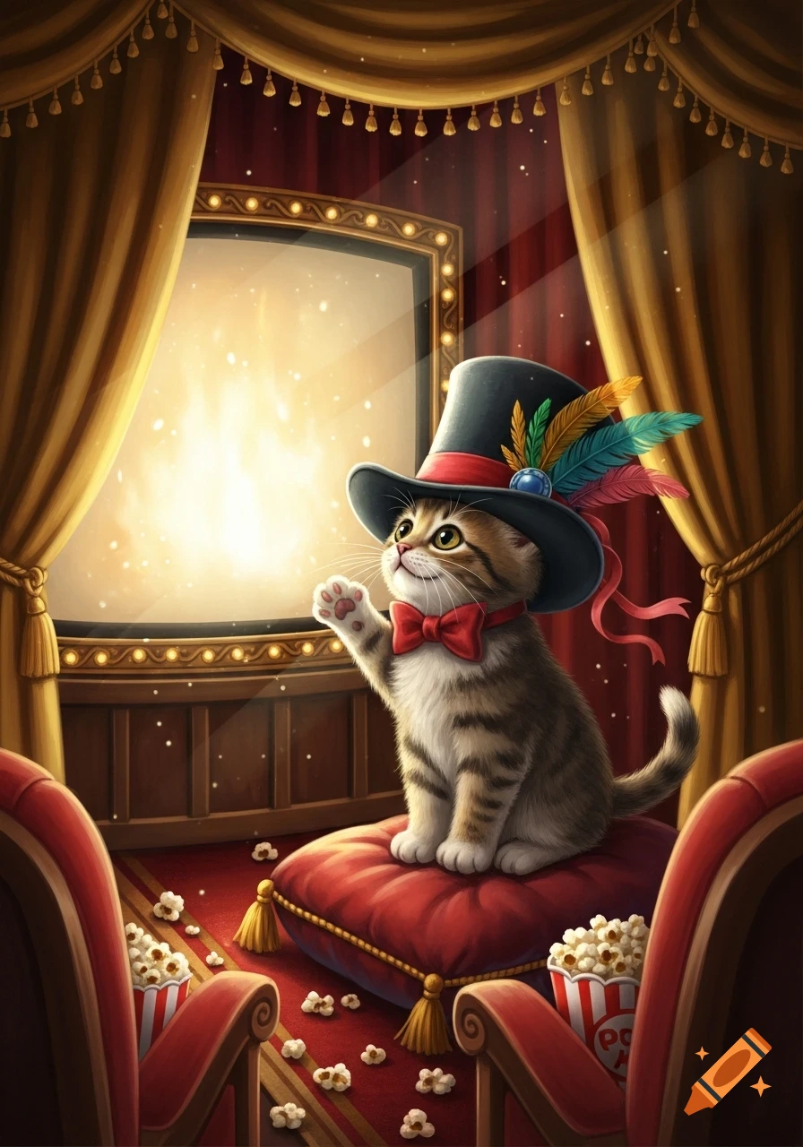 A cute tabby kitten in a top hat and red bow tie watches a glowing screen in a luxurious cinema, surrounded by popcorn.