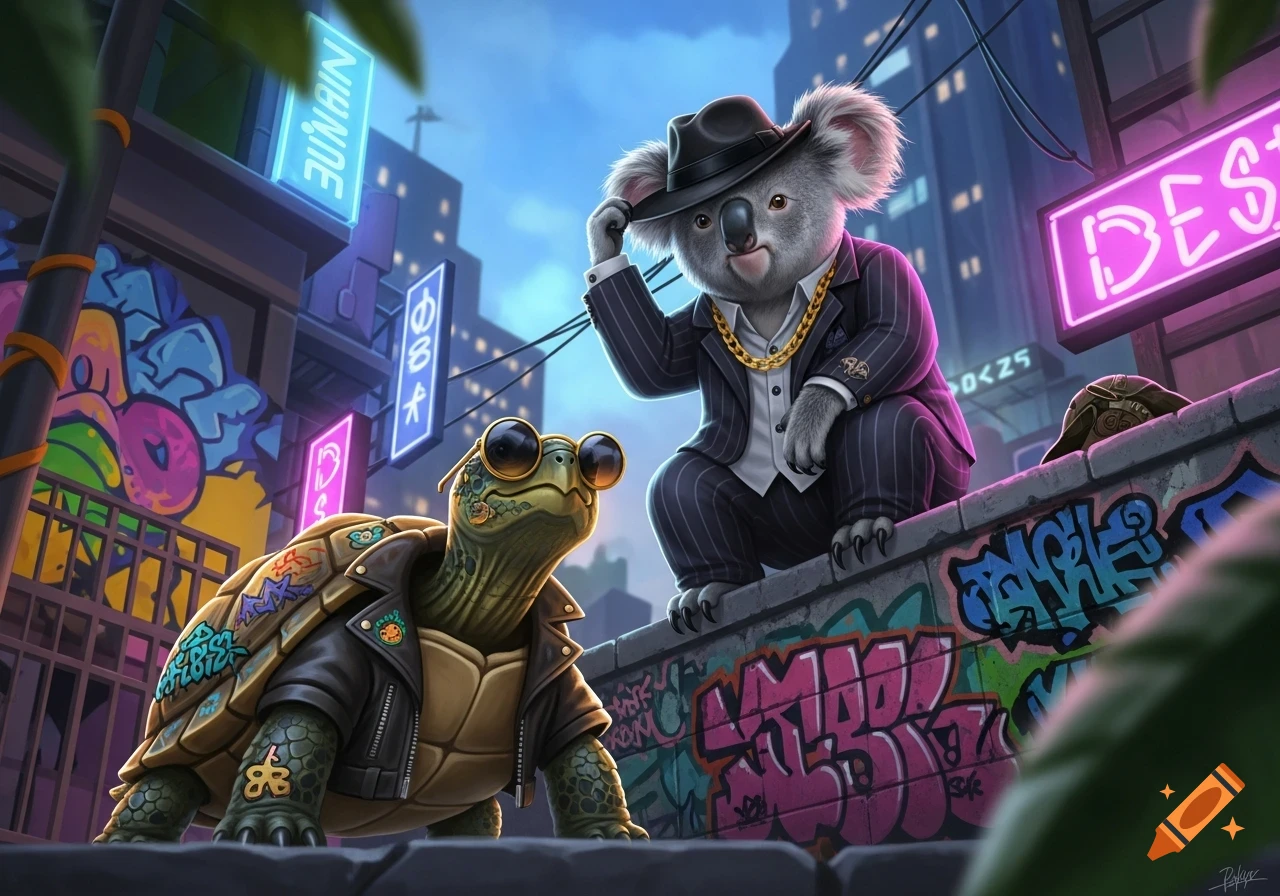 A cool koala in a pinstripe suit and fedora perches on a graffiti-covered wall next to a turtle in a leather jacket and sunglasses in a neon-lit city.