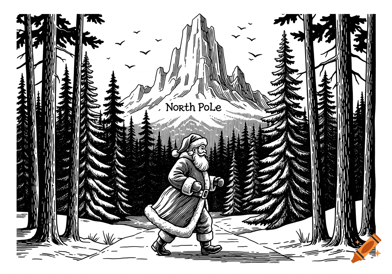 A black and white woodcut illustration of Santa Claus walking through a snowy forest with a mountain labeled 'North Pole' behind him.