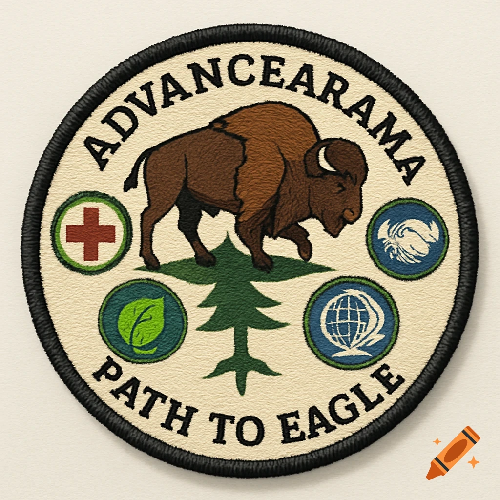 Circular embroidered patch for a scouting event with a buffalo over a pine tree, merit badge icons, and text 'Advancearama Path to Eagle'.