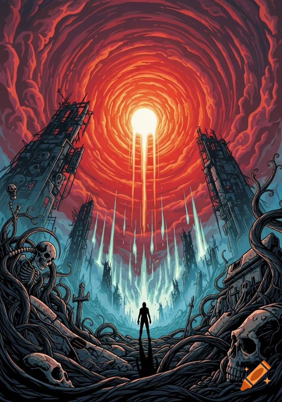 A lone figure stands in a desolate, ruined city under a swirling red sky and bright light, surrounded by skeletons and roots.