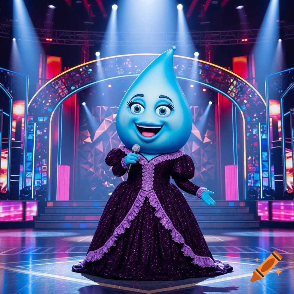 A happy blue water droplet character in a dark purple glittery dress with lace trim holds a microphone on a vibrant, lit stage.