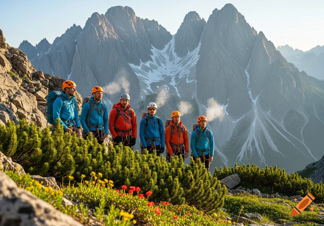 Six mountaineers in bright gear on a rocky, flower-covered slope, gazing at majestic, snow-dusted mountains under a clear sky.