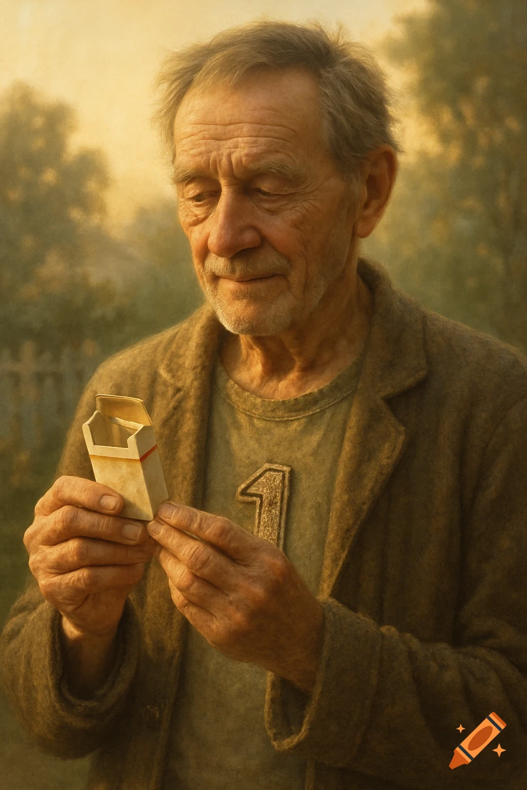 Elderly man with a '1' on his shirt holds an empty cigarette pack, in a soft, warm light.