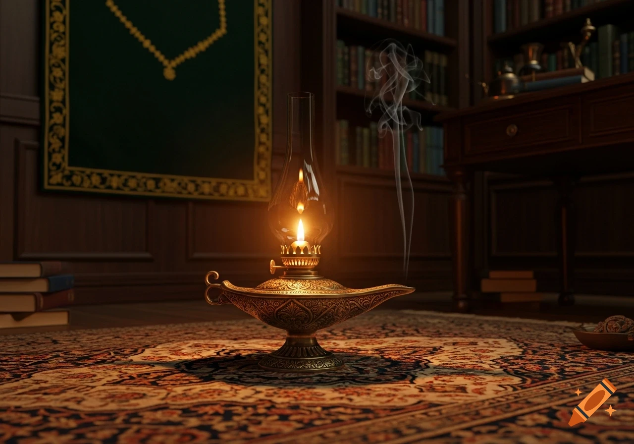 A richly decorated brass oil lamp with a glowing flame sits on an ornate rug in a dim, wood-paneled study with bookshelves.