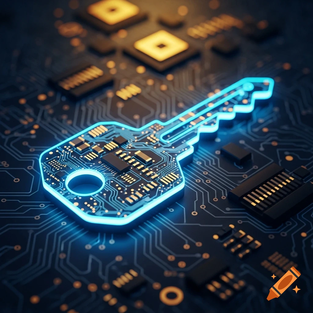 A glowing blue circuit board key embedded in a dark electronic circuit, with orange and yellow bokeh lights.