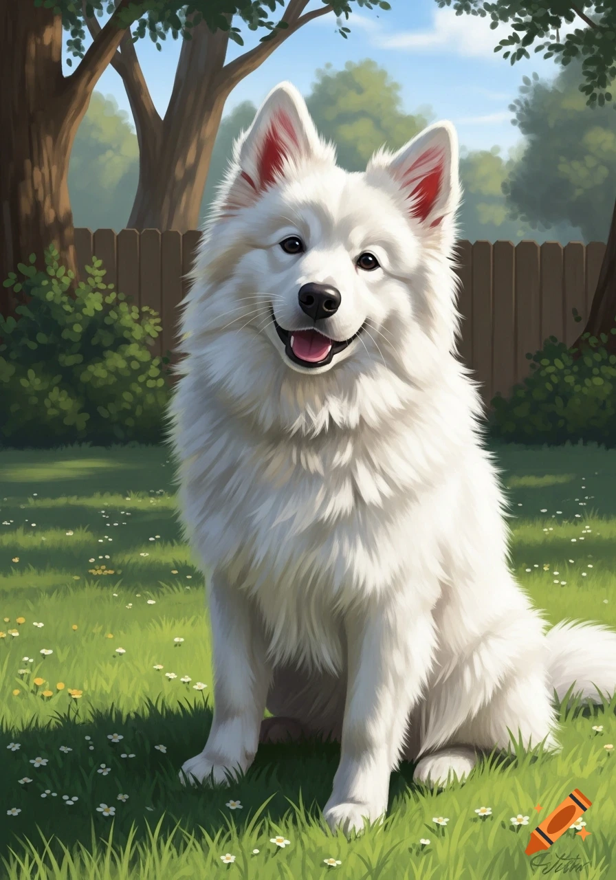 A fluffy white dog with a happy expression sits in a sunny green ...