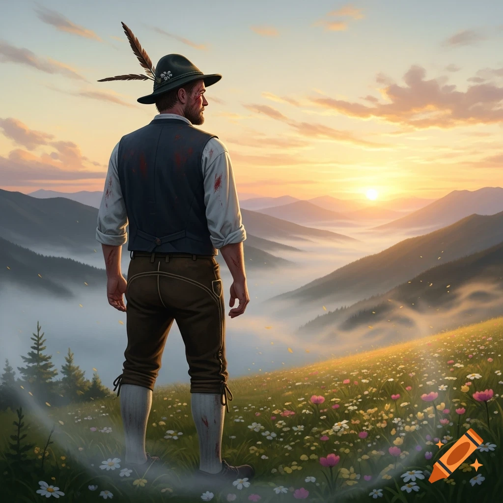 A man in traditional German attire stands on a flower-filled mountain slope, looking at a golden sunset over misty valleys.
