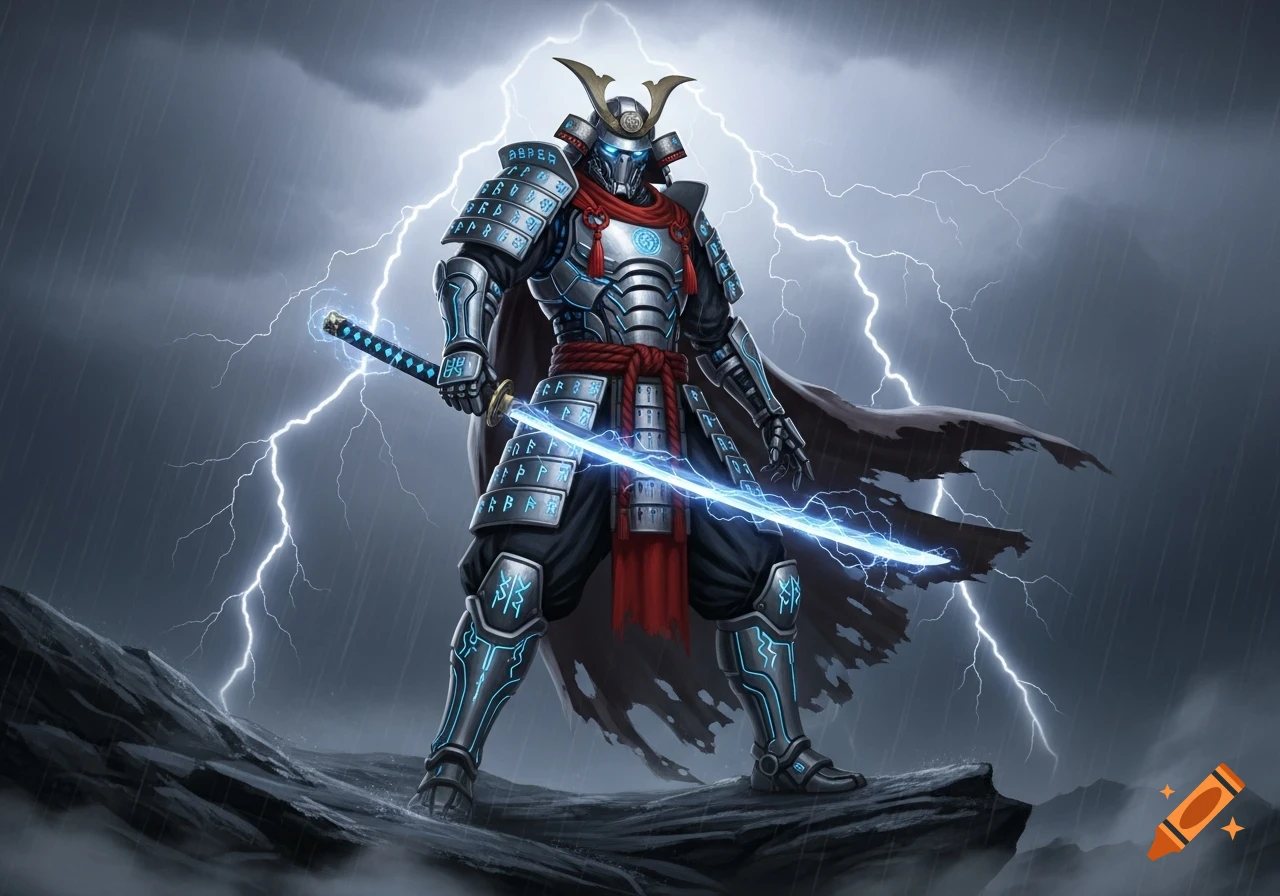 A robot samurai in glowing blue and silver armor stands with a lightning katana on a rocky cliff during a storm.
