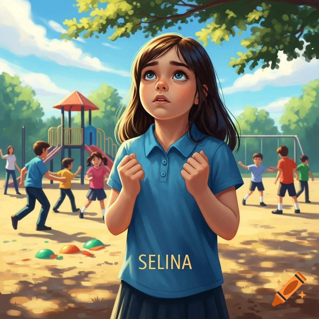 Illustrated young girl Selina looks up, standing on a sunny playground with other children playing in the background.