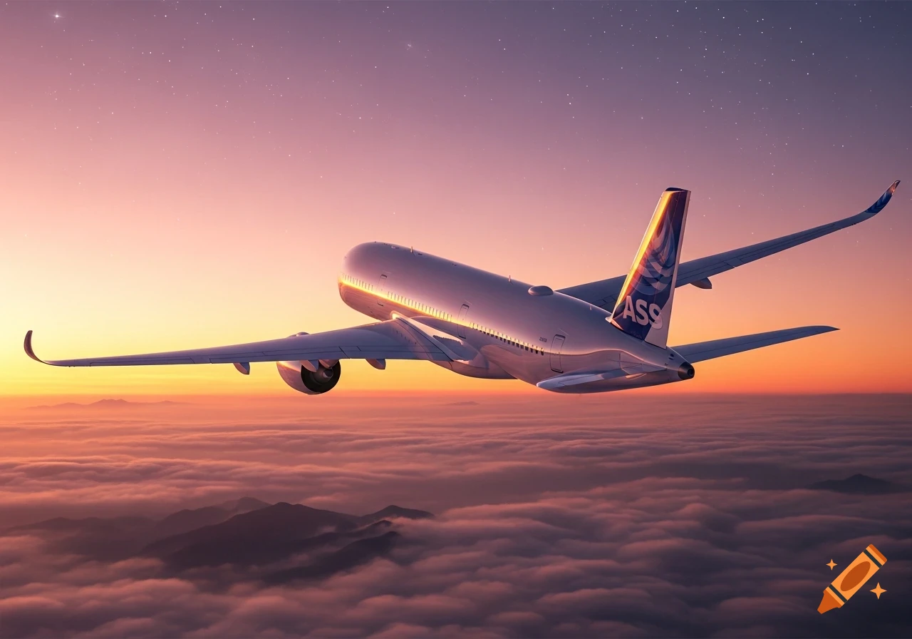 White airplane flying above pink and orange clouds with mountains below at sunset.