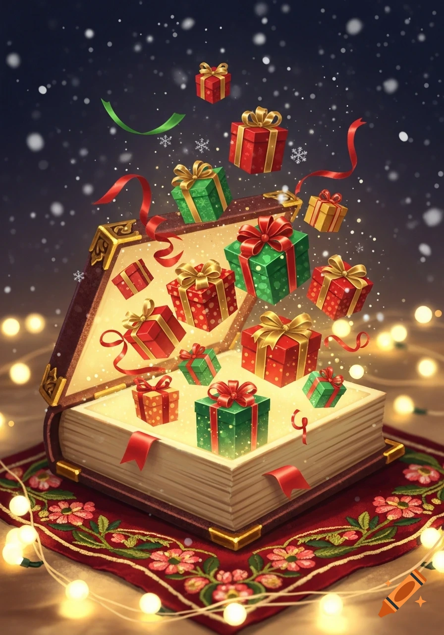 Magical open book glowing with presents, ribbons, and snowflakes flying out, surrounded by string lights on an embroidered cloth.