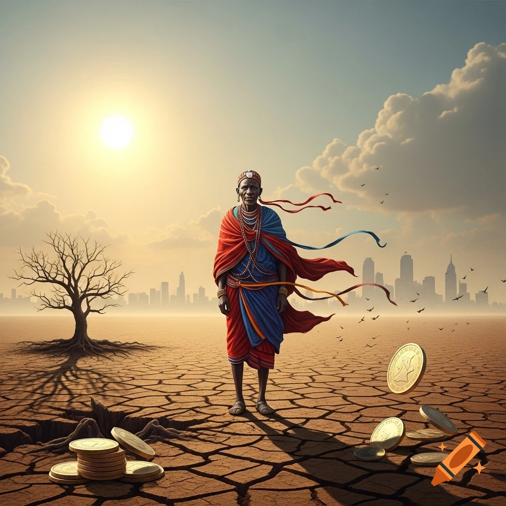 A person in red and blue traditional African attire stands in a cracked, dry desert with a city skyline, a barren tree, and coins falling around them under a bright sun.