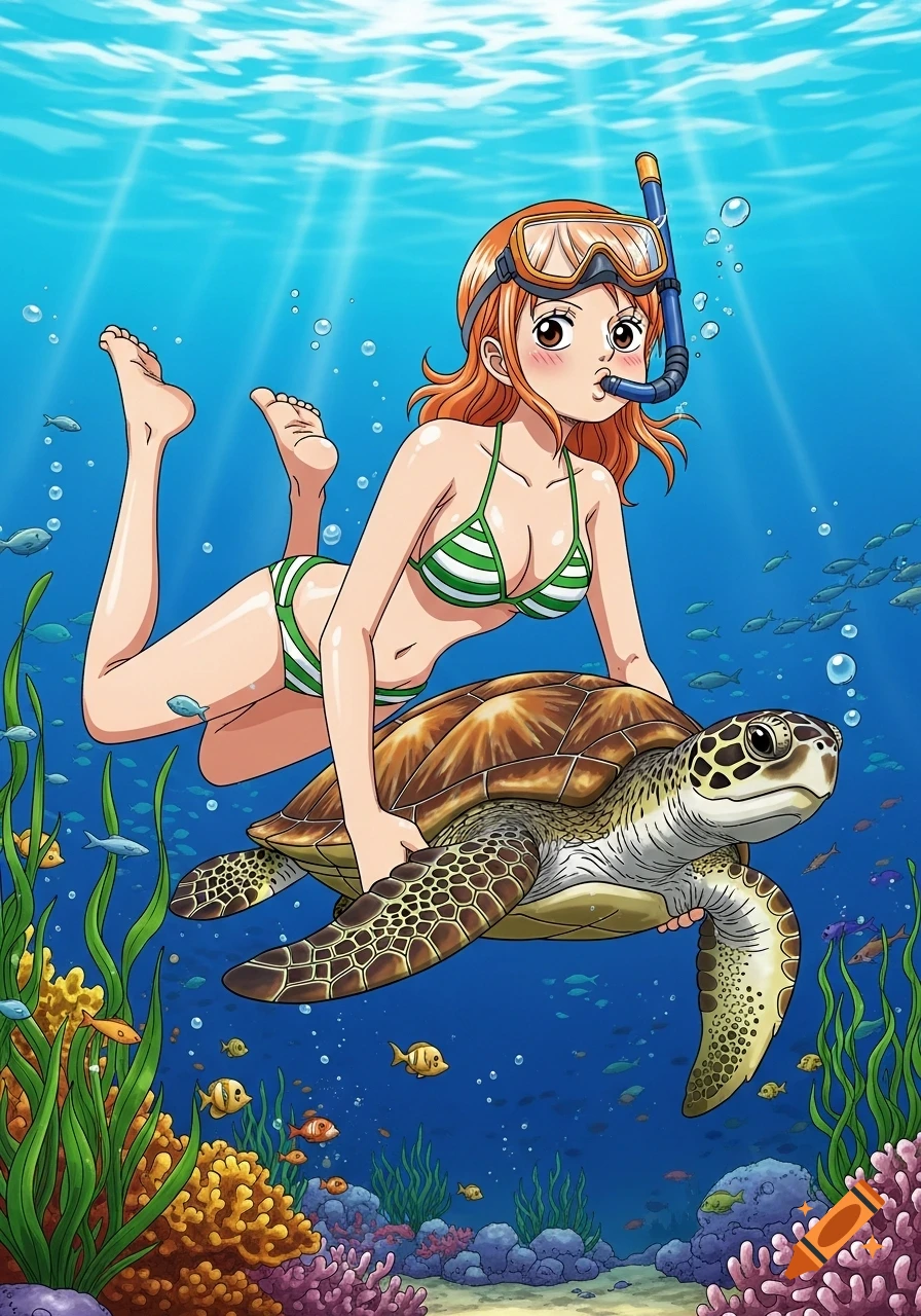 An anime girl in a green striped bikini with a snorkel mask on her forehead holds a large sea turtle underwater among coral and fish.