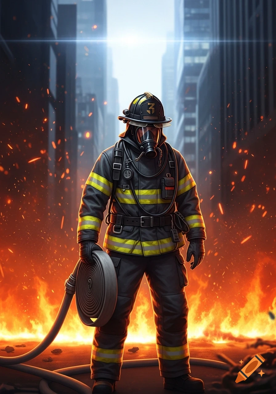 A stoic firefighter in full protective gear and gas mask stands amidst a blazing city street, holding a coiled hose. The background features blurred tall buildings under a bright, fiery sky.