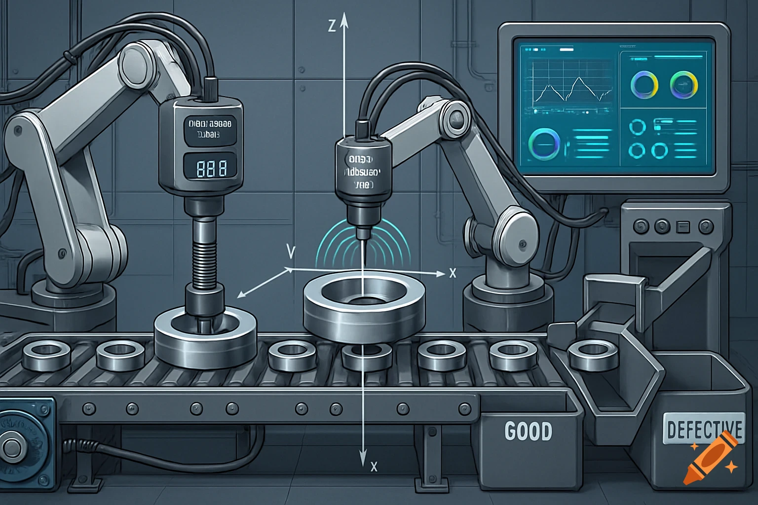 An industrial automation setup with robotic arms inspecting metal rings on a conveyor belt, sorting them into 'GOOD' and 'DEFECTIVE' bins, with a control monitor displaying data.