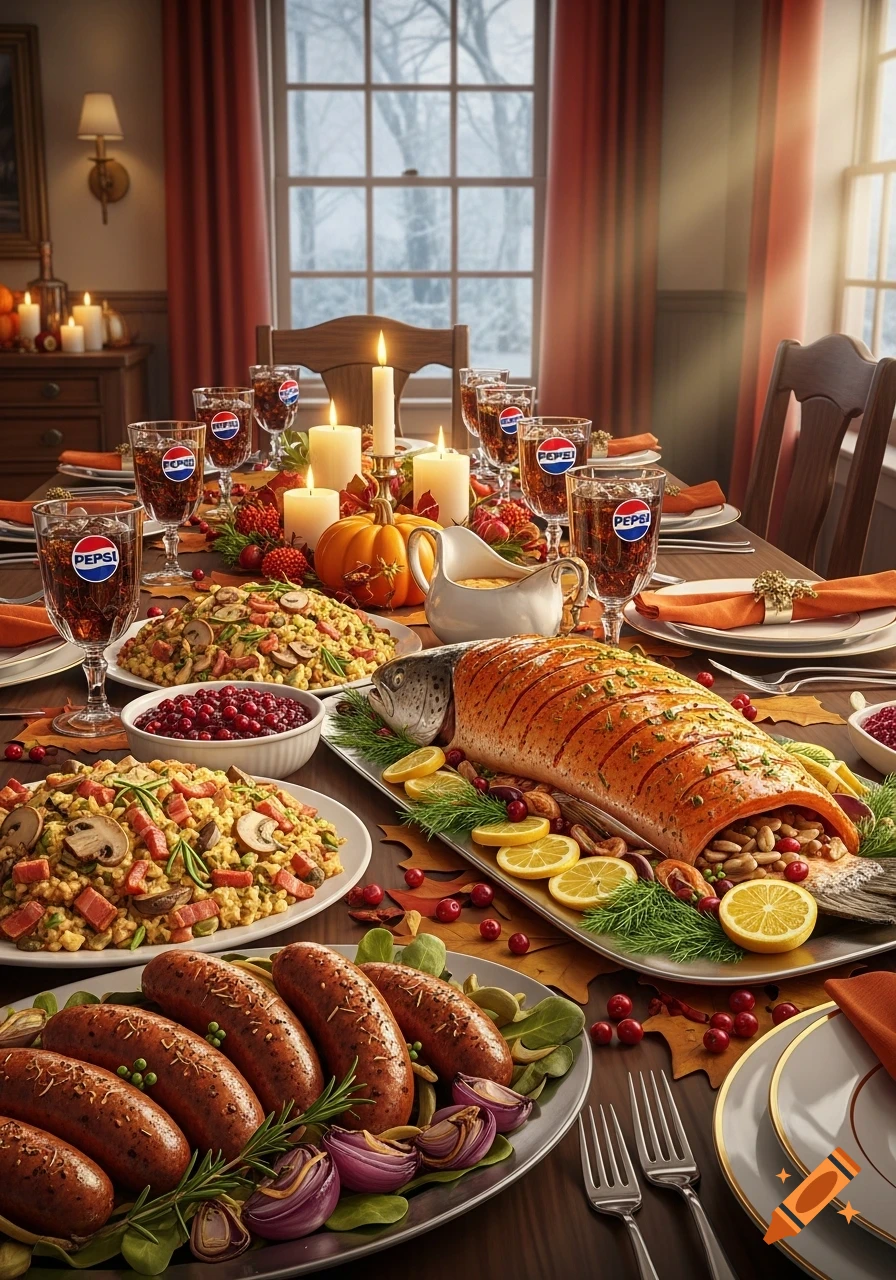 A lavish Thanksgiving dinner spread with a roasted salmon as the centerpiece, surrounded by stuffing, sausages, and Pepsi glasses.