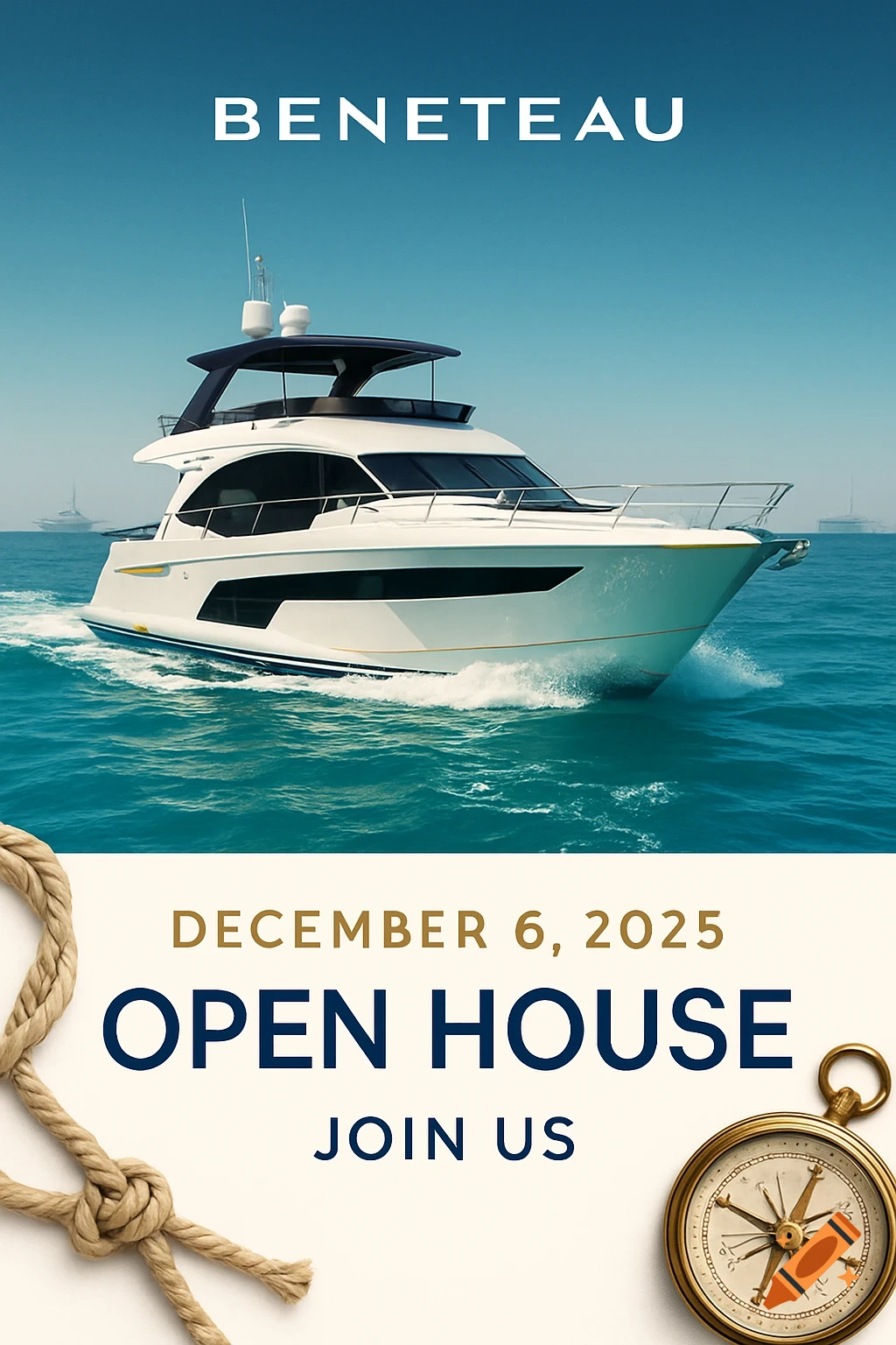 Promotional poster for Beneteau featuring a white yacht on blue water, with text for an open house on December 6, 2025.