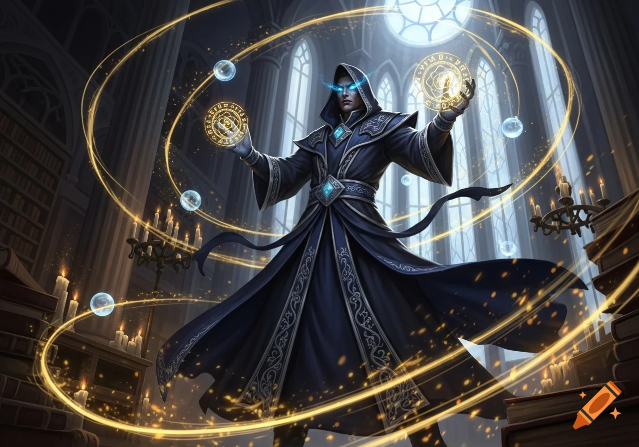 A powerful wizard with glowing eyes and hands casts spells, surrounded by golden light and mystical orbs, in a grand, candlelit library.