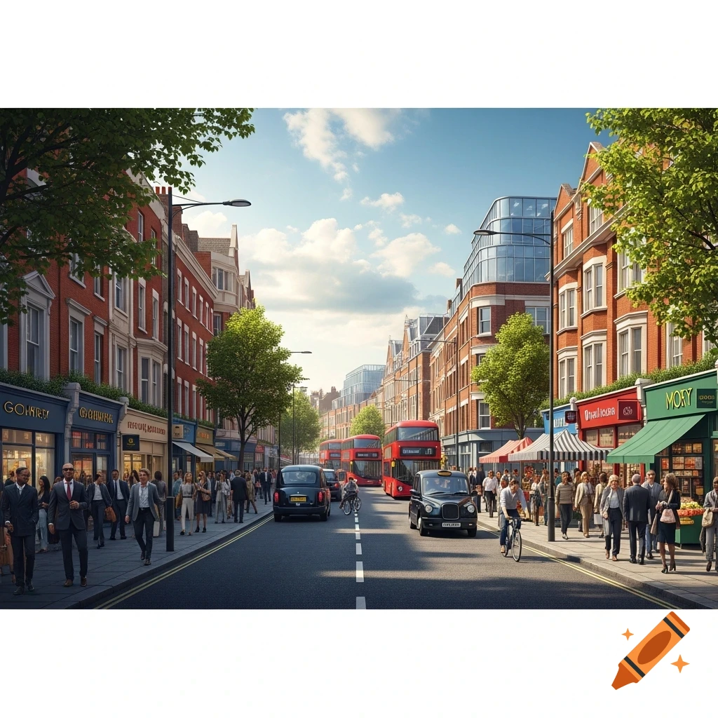 A photorealistic view of a busy London street with double-decker buses, black cabs, pedestrians, and brick buildings under a partly cloudy sky.