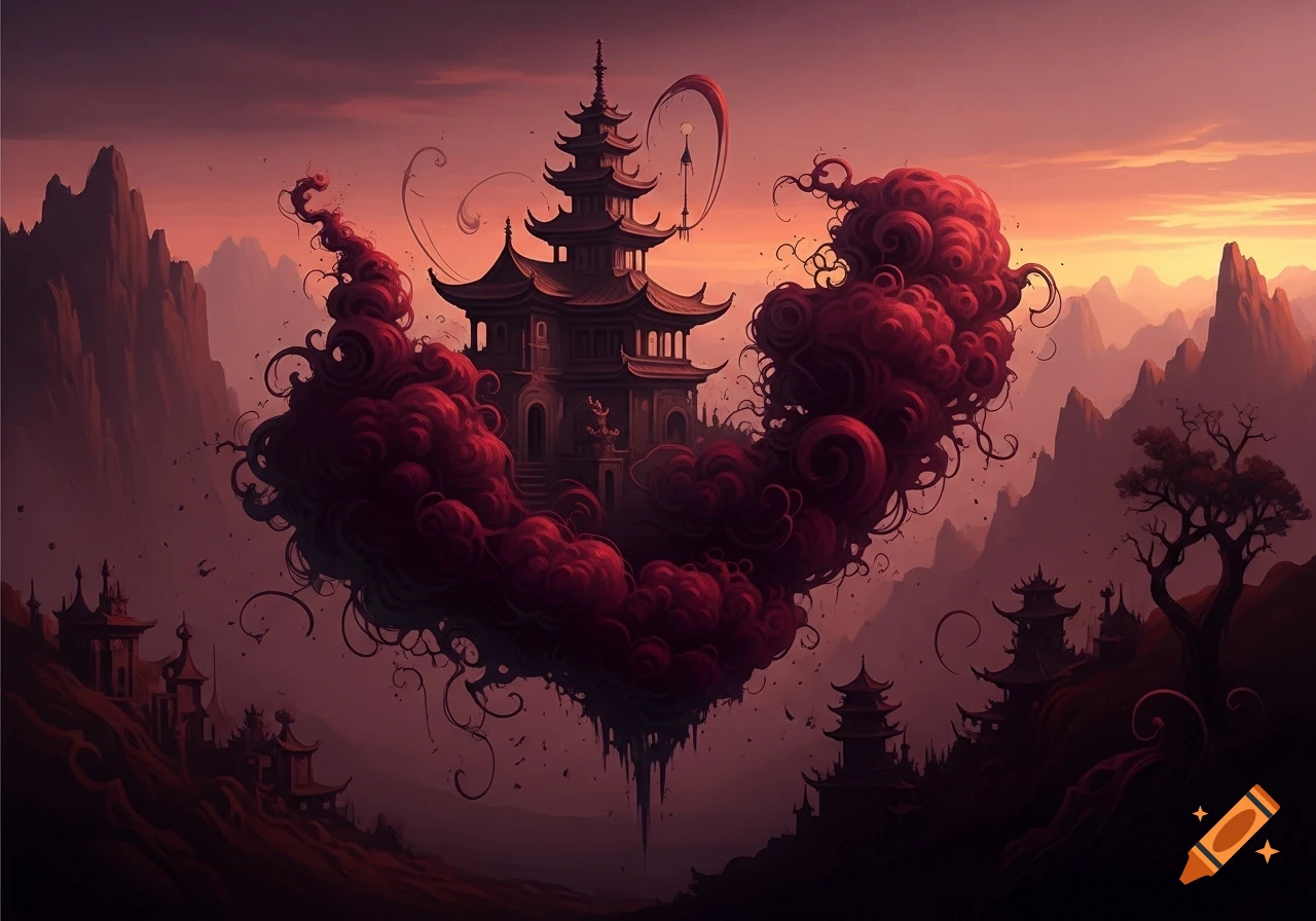 A surreal Chinese pagoda floats amidst swirling red ethereal clouds in a mountainous sunset landscape, rendered in a dreamy art style.