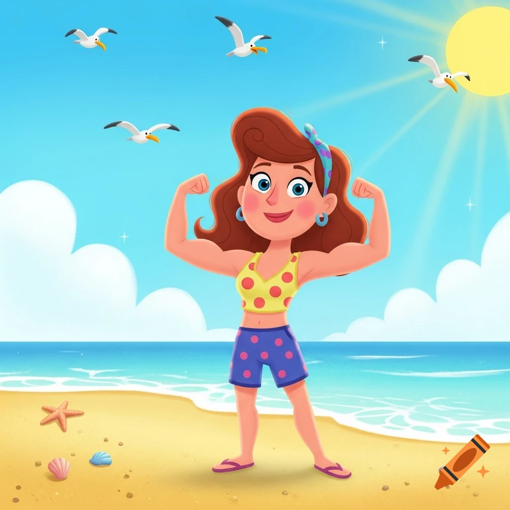 Cartoon woman with red hair flexing her muscles on a sunny beach with seagulls flying and seashells on the sand.