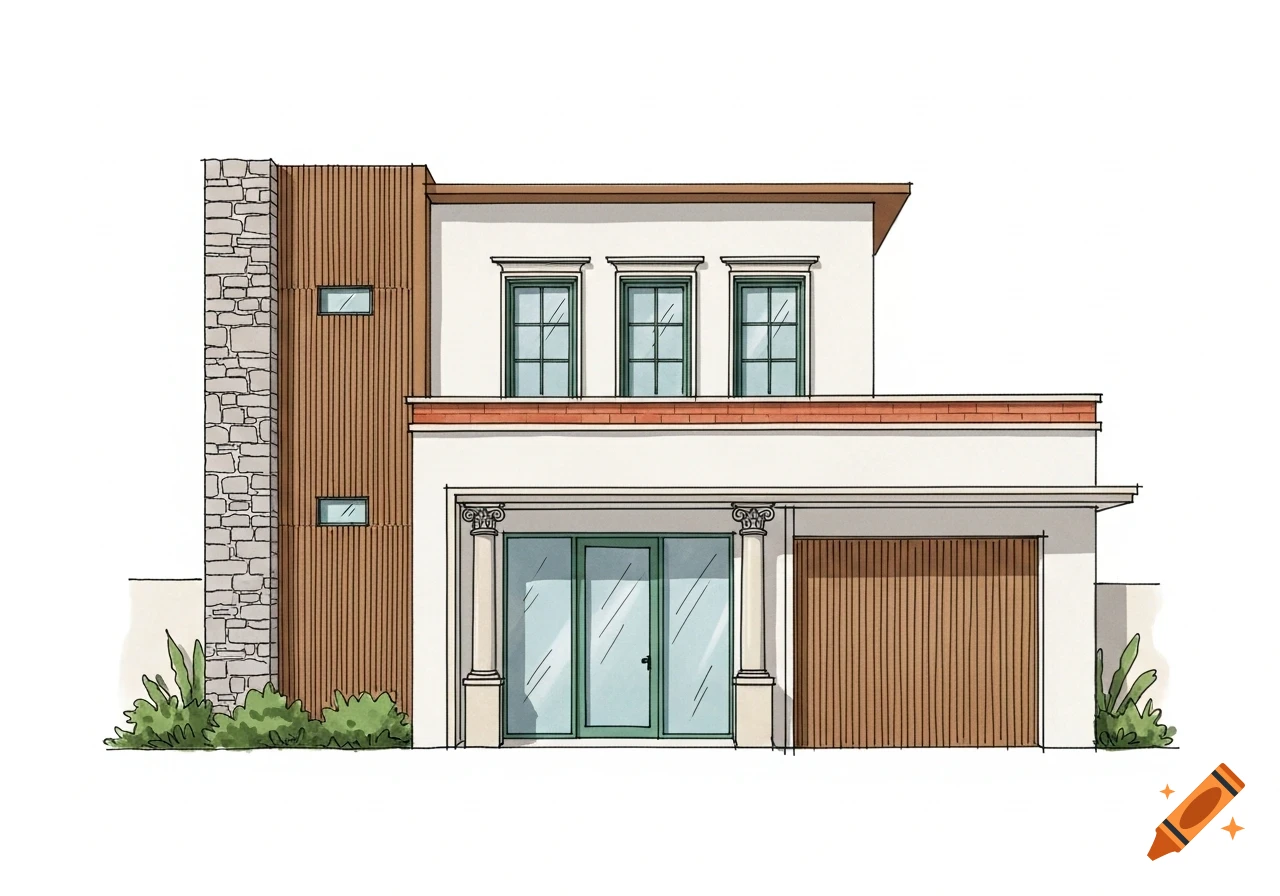 A minimalist, hand-rendered digital sketch of a two-story building facade with stone, wood panels, green-trimmed windows, a glass door, and a garage.
