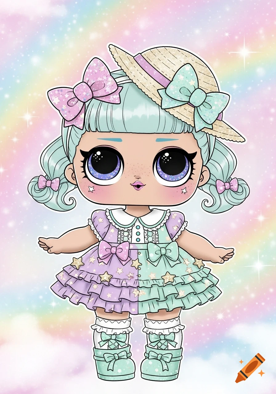 A pastel cartoon LOL Surprise doll with light blue hair, large sparkly eyes, wearing a straw hat and a ruffled purple and mint green dress with stars and bows, against a rainbow glitter background.
