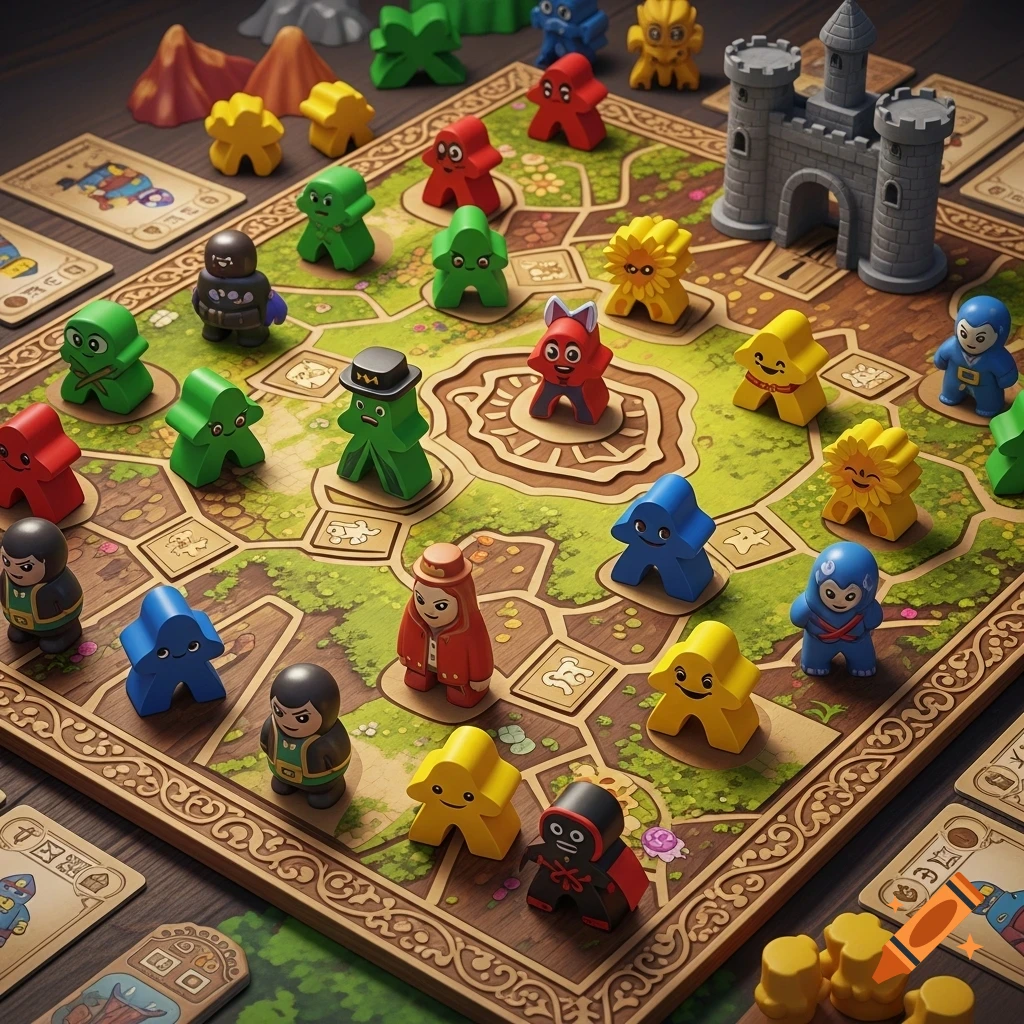 A detailed board game with numerous colorful meeples and a miniature stone castle on a green and wooden game board.