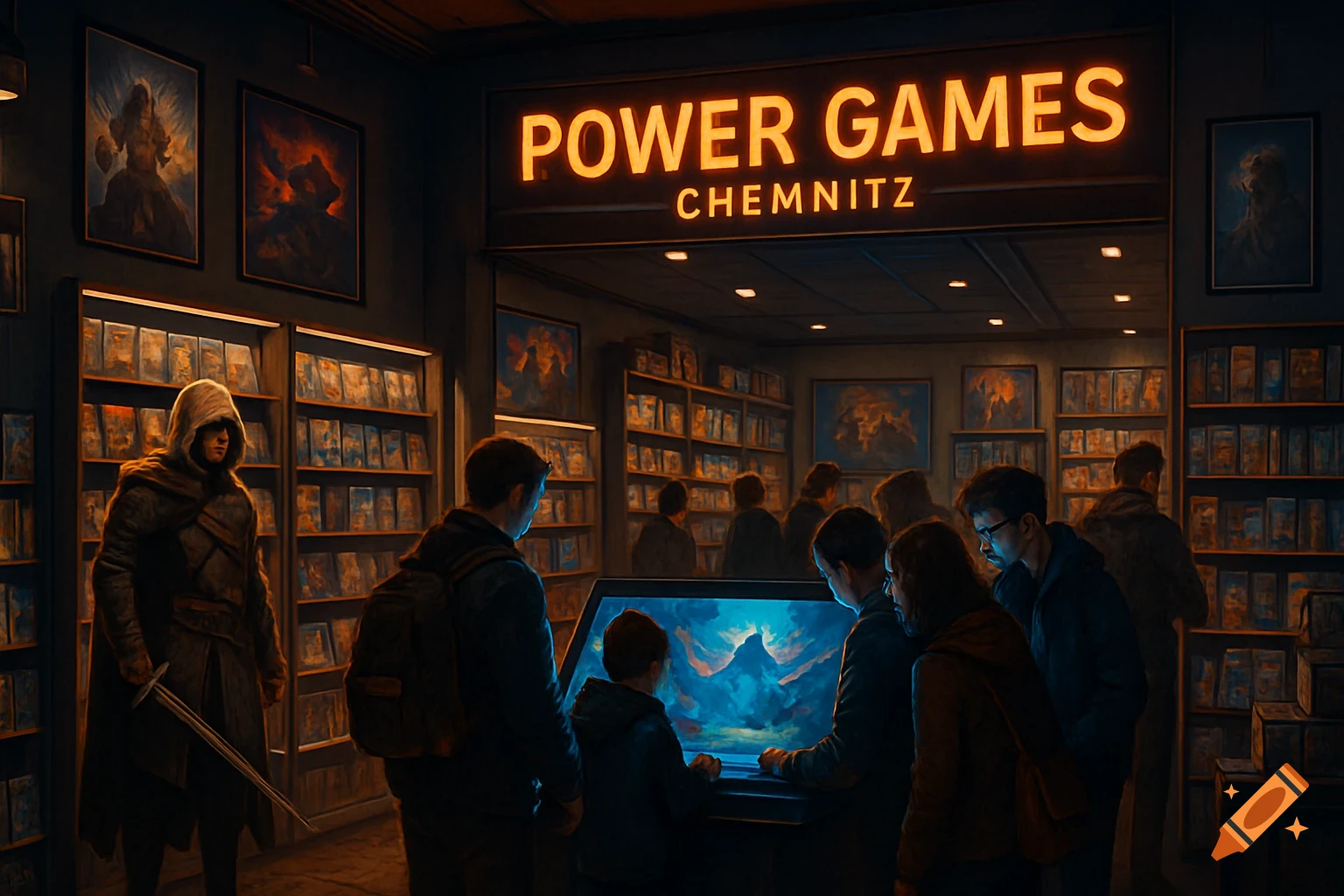 Inside a dimly lit 'Power Games Chemnitz' store, people browse games and an interactive screen, while a hooded fantasy figure stands nearby.