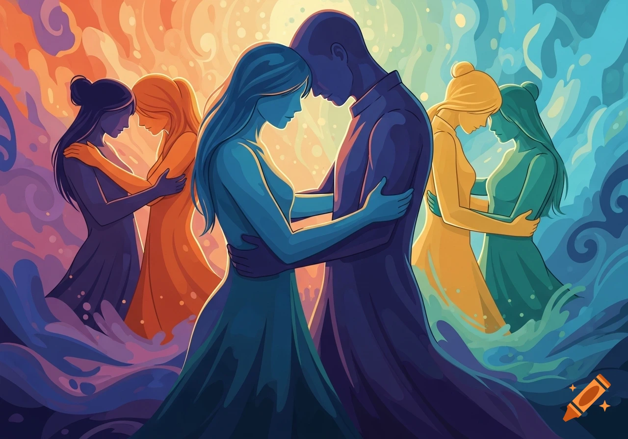 An abstract illustration of several couples embracing, rendered in flowing, vibrant blue, orange, yellow, and purple hues.