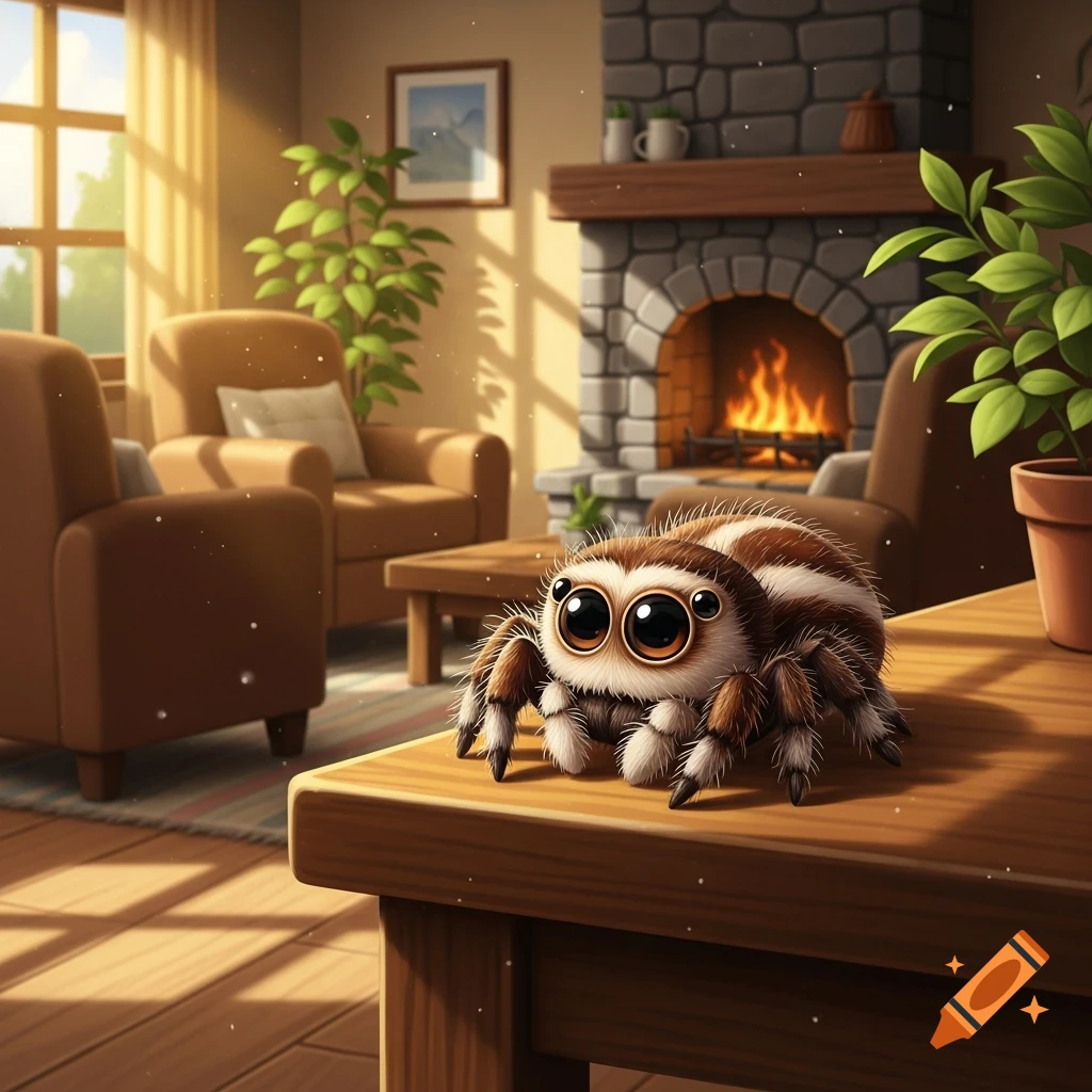 A cute, fluffy jumping spider with large eyes sits on a wooden table in a cozy cartoon living room with a fireplace.