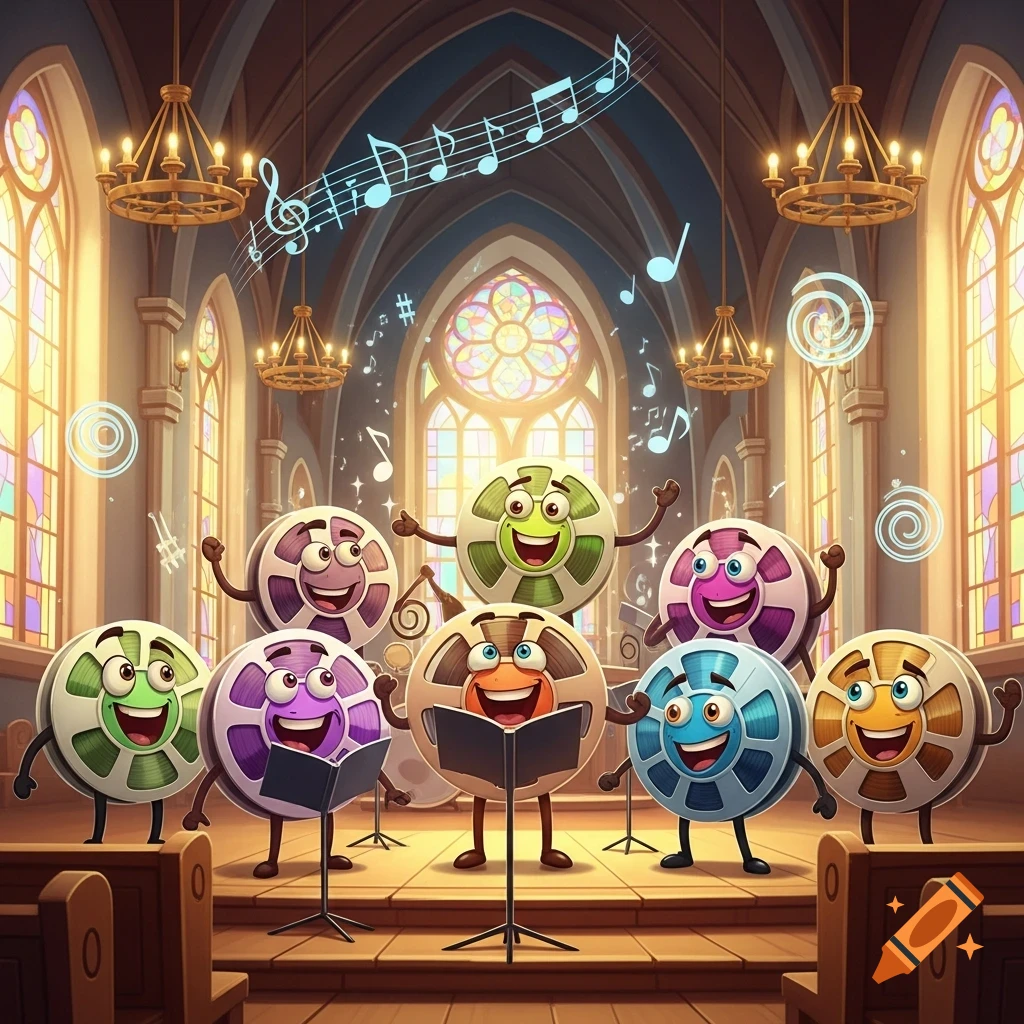 Vibrant cartoon film reels with faces singing enthusiastically in a church choir, surrounded by musical notes and stained glass windows.