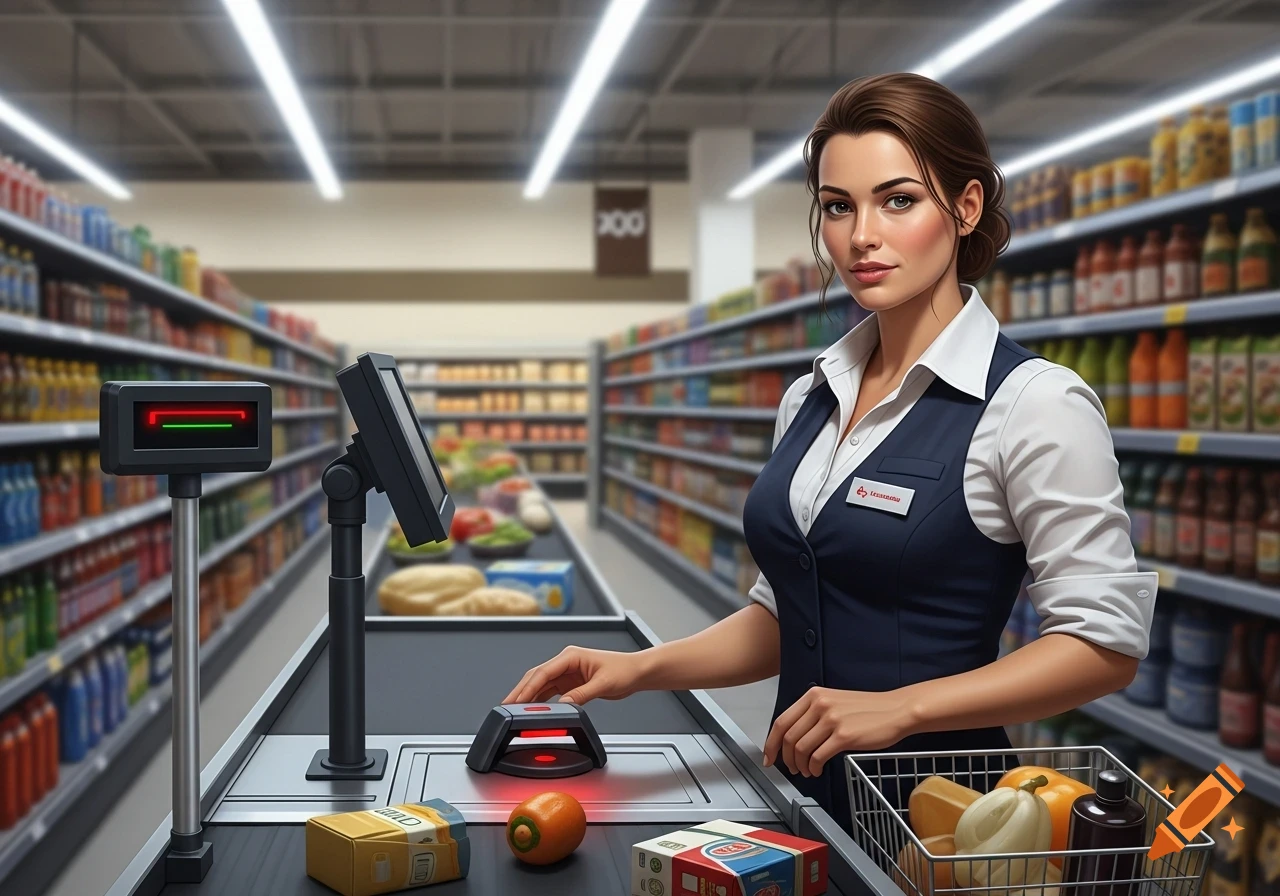 Hyperrealistic portrait of a female cashier scanning groceries at a checkout counter in a brightly lit supermarket.