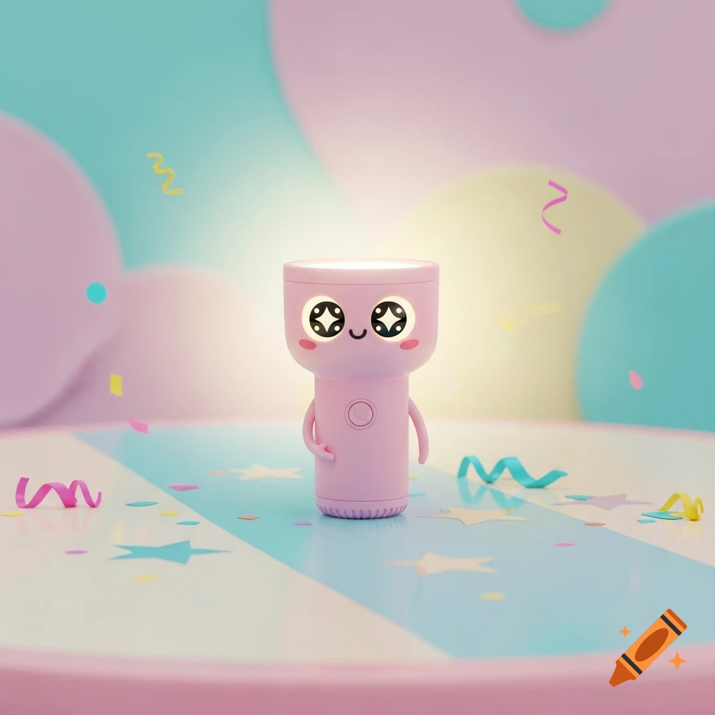 A cute, pink, anthropomorphic flashlight character with big, sparkly eyes stands on a pastel striped surface amidst confetti and ribbons, against a soft pastel background.